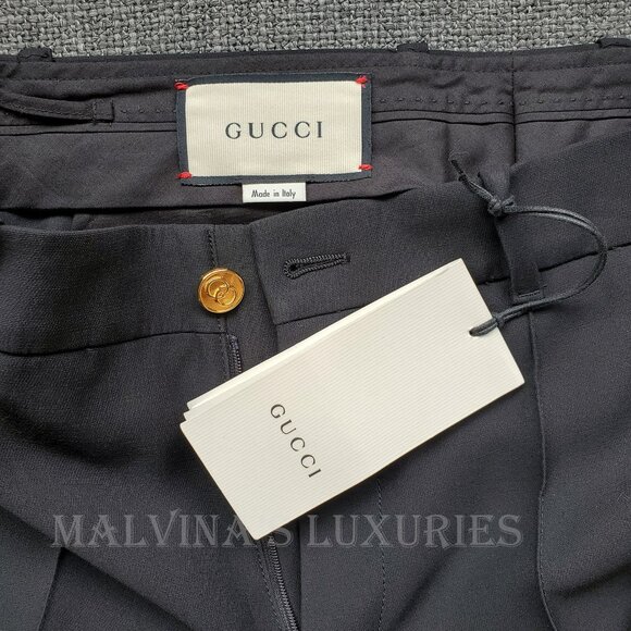 GUCCI PANTS BLACK SILK WOOL CREASED TROUSERS w LOGO BUTTON sz IT 44 US 8 - Picture 10 of 14